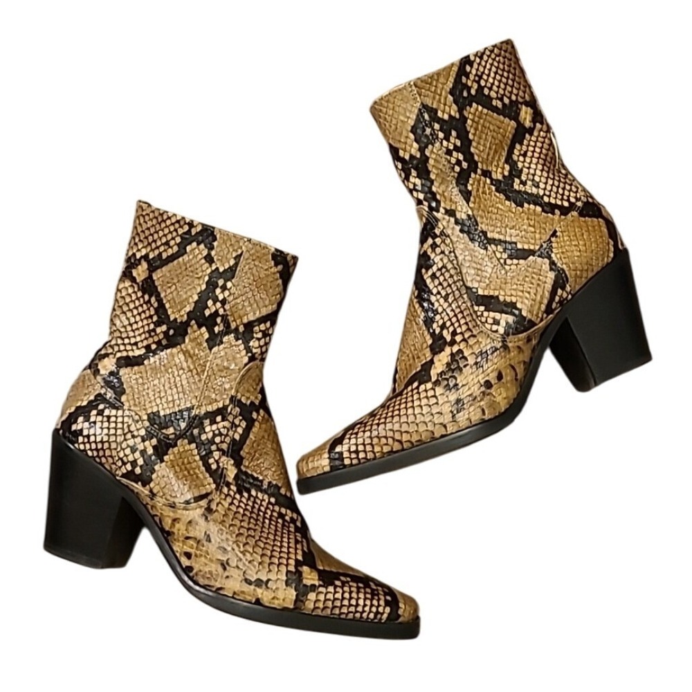 Zara‎ Snakeskin Ankle Boots Block Heel Western Cowboy Brown Camel Size 36/6 $249